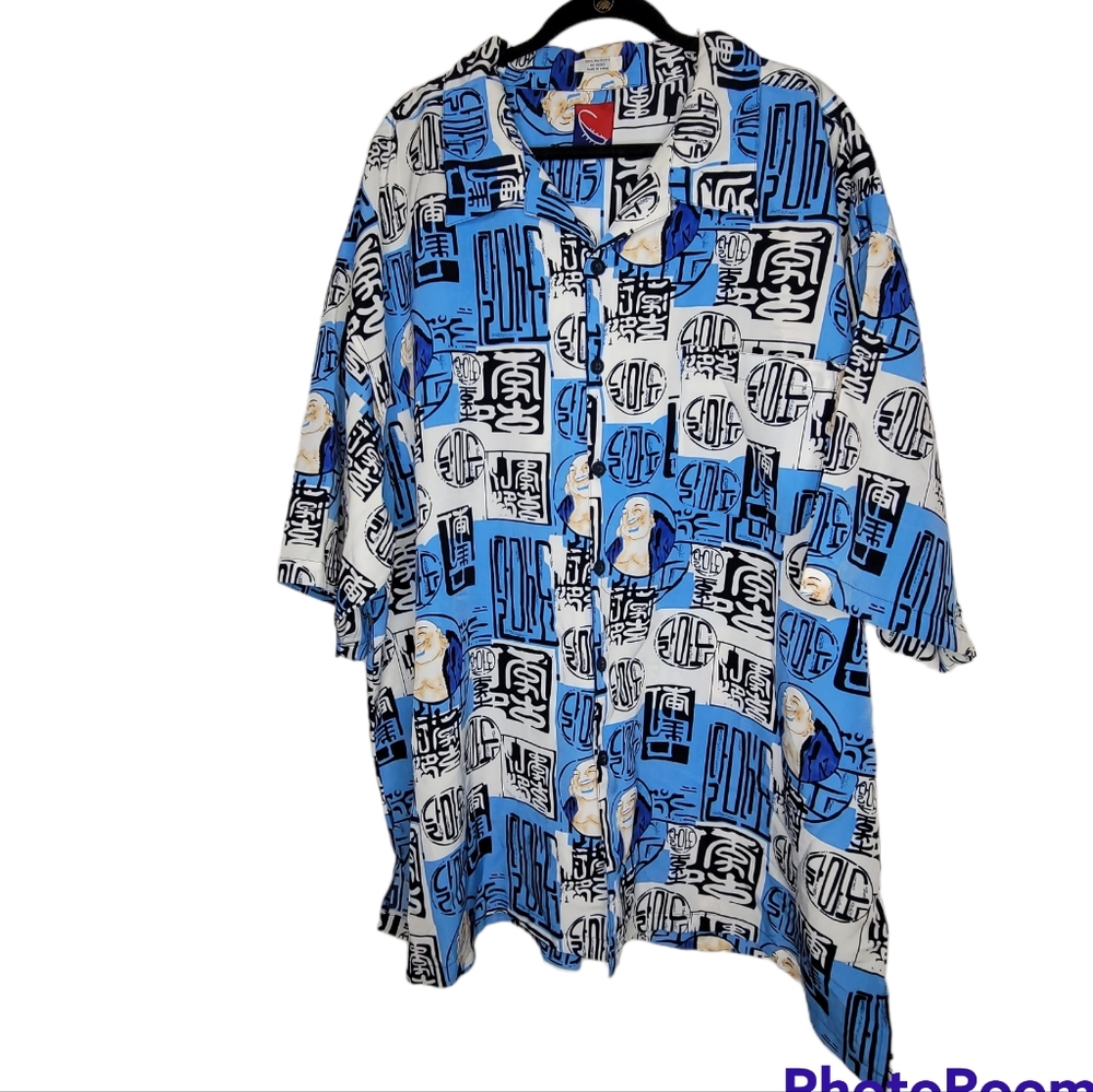 Vintage 90s Mens 3XL Baggy Hip Hop All Over Print Button Laughing Buddha Shirt